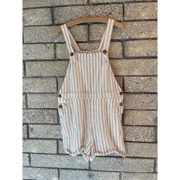 Striped Beige & White Hollister Overall Romper With Buttons & Pockets Size M - Picture 1 of 7